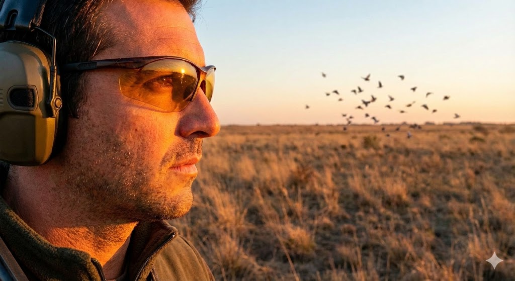 Hunter wearing protective shooting glasses in the field