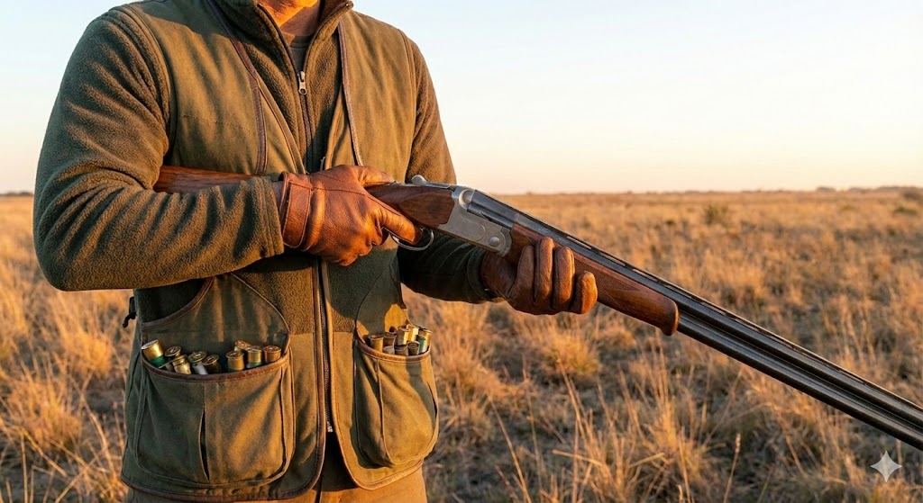 Dove hunter wearing a shooting vest with cartridge pockets